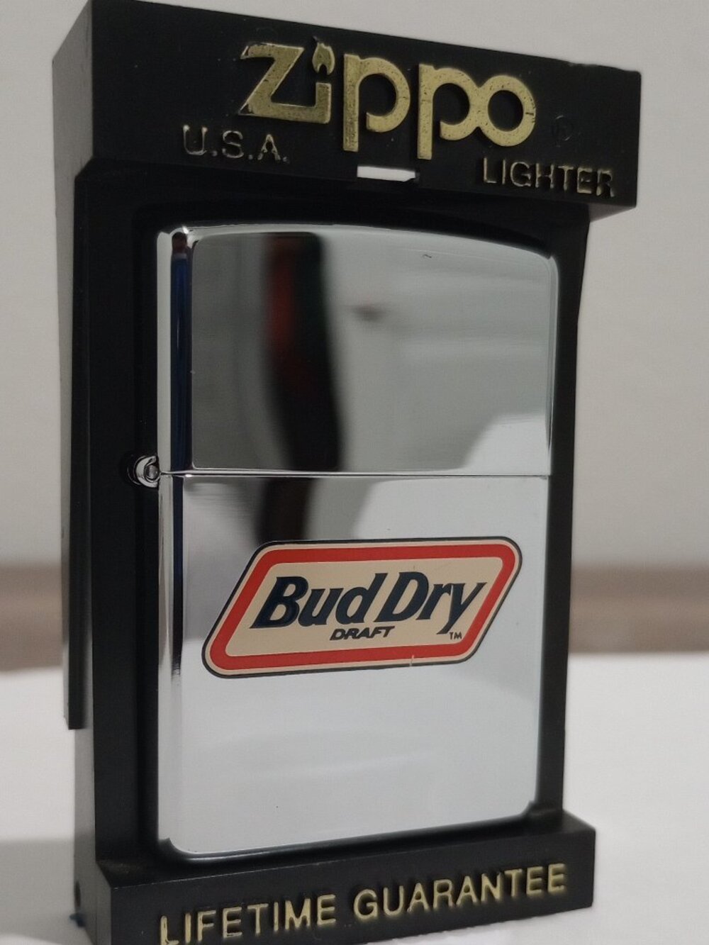 VINTAGE 90s ZIPPO BUD DRY CHROME METALLIC LIGHTER UNFIRED (NOS)